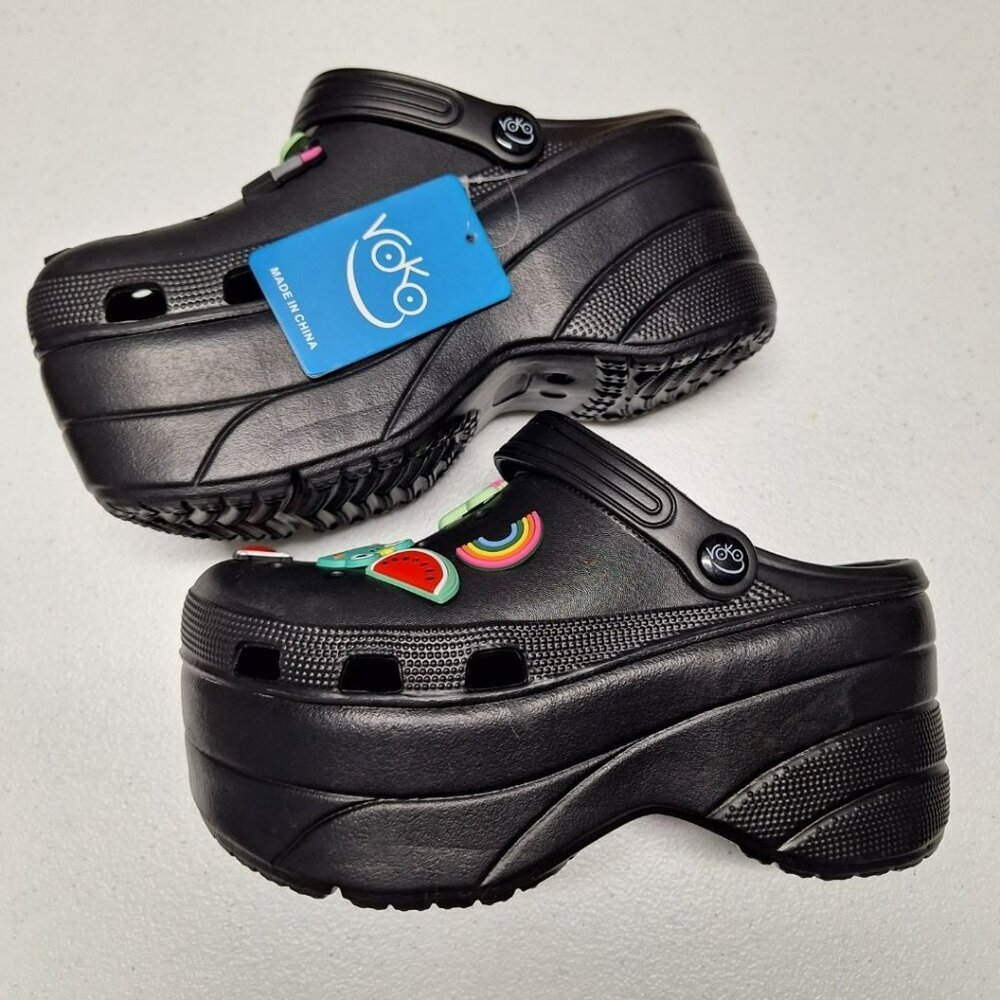 Voko Platform Rubber Clog Charms Embelished Black Basic Womens Size 38 Strap - Picture 4 of 11
